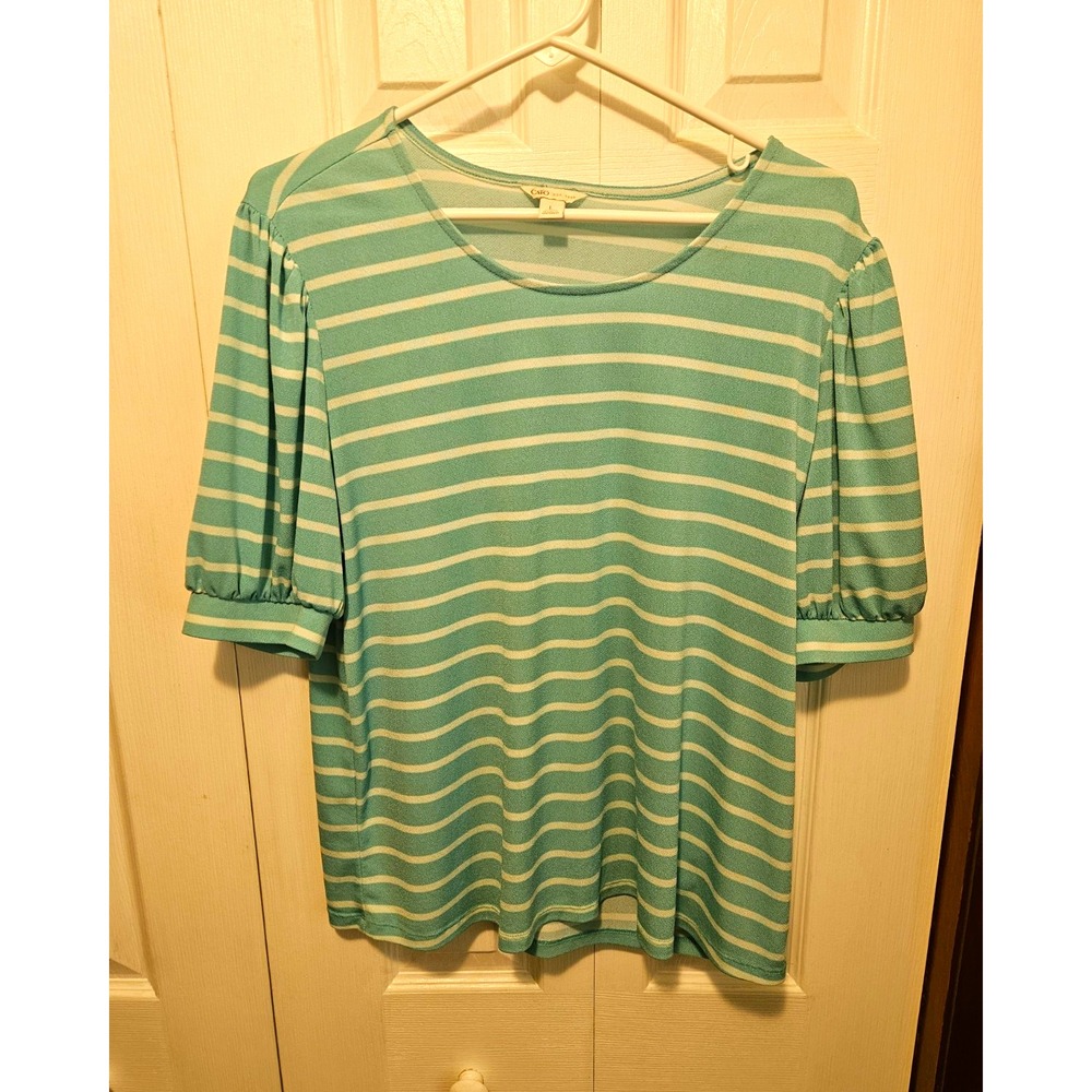 Coquette Cato Women's Size L Top Mint Green White Striped Short Puff Sleeve Top